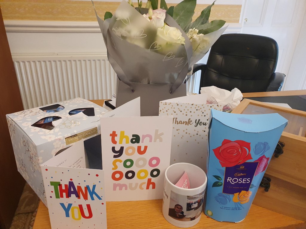 Thank-you flowers and cards from grateful pupils and parents